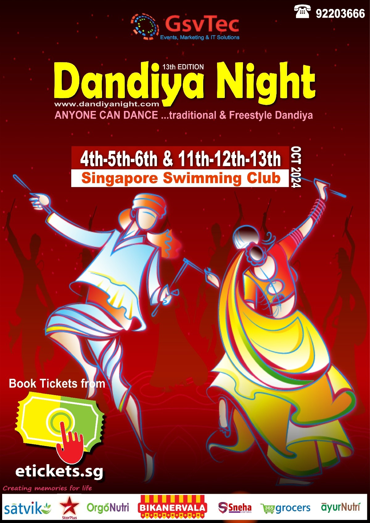 GsvTec dandiya night 2024 Singapore is on 4th, 5th,6th,11th,12th,13th OCT 2024 at Singapore Swimming club Singapore